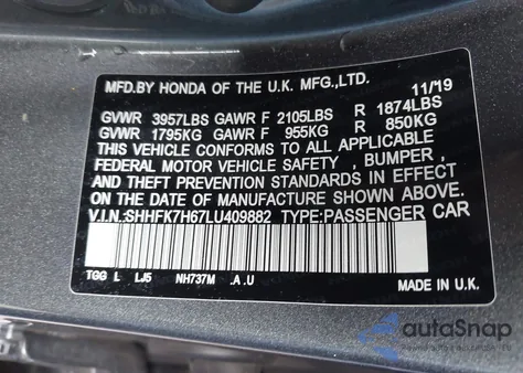 2020 Honda Civic Ex z USA, uszkodzony, nr VIN SHHFK7H67LU409882